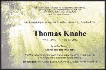 Traueranzeige von Thomas Knabe von Südthüringer Presse