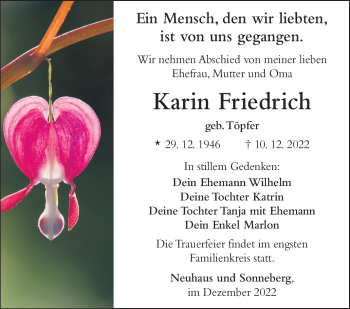 Traueranzeige von Karin Friedrich von Südthüringer Presse