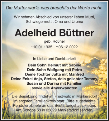 Traueranzeige von Adelheid Büttner von Südthüringer Presse