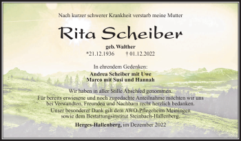 Traueranzeige von Rita Scheiber von Südthüringer Presse