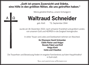 Traueranzeige von Waltraud Schneider von Südthüringer Presse