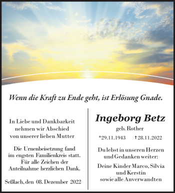 Traueranzeige von Ingeborg Betz von Neue Presse Coburg
