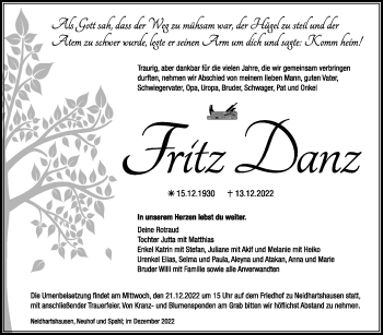 Traueranzeige von Fritz Danz von Südthüringer Presse