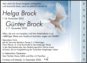 Traueranzeige von GünterHelga BrockBrock von Südthüringer Presse