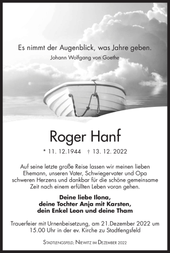 Traueranzeige von Roger Hanf von Südthüringer Presse