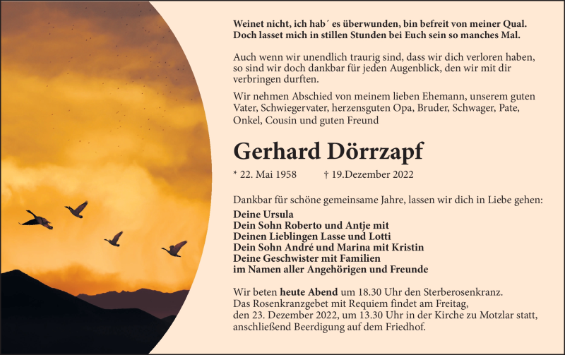  Traueranzeige für Gerhard Dörrzapf vom 22.12.2022 aus Südthüringer Presse