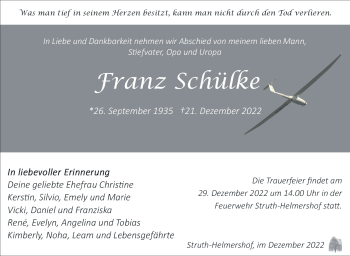 Traueranzeige von Franz Schülke von Südthüringer Presse