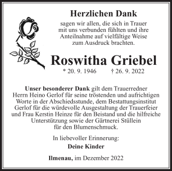 Traueranzeige von Roswitha Griebel von Südthüringer Presse