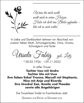 Traueranzeige von Ursula Fabig von Südthüringer Presse