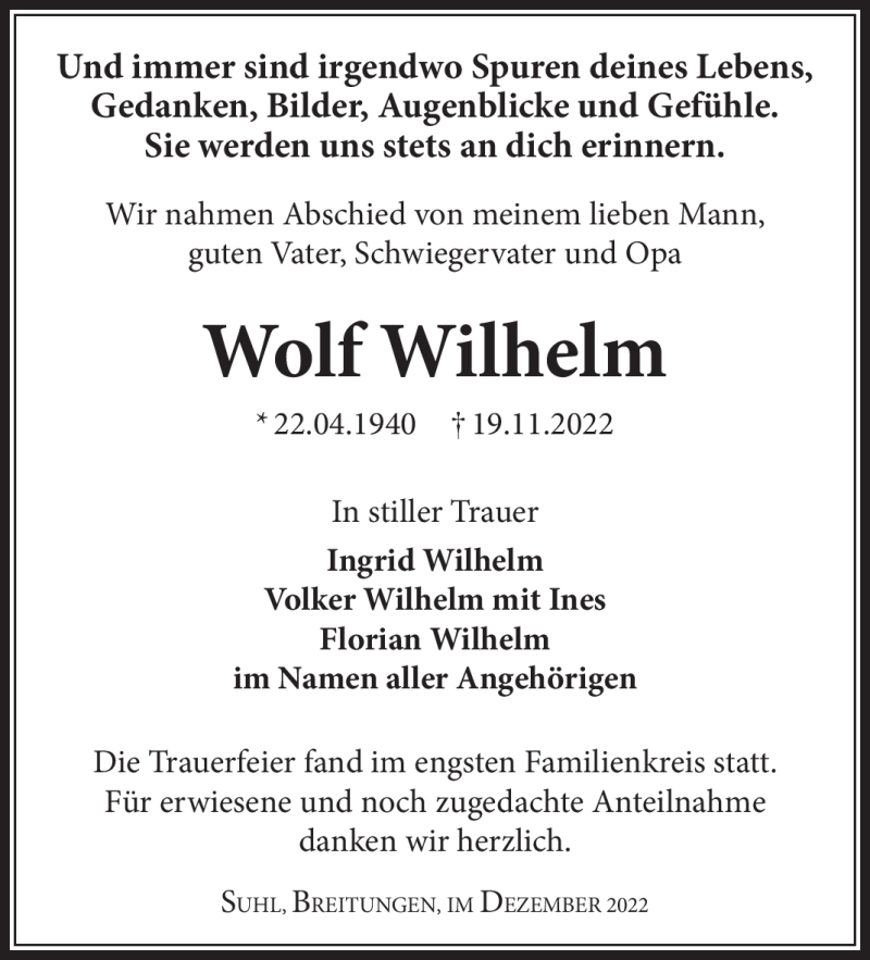  Traueranzeige für Wolf Wilhelm vom 10.12.2022 aus Südthüringer Presse