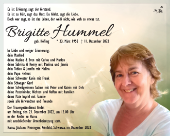 Traueranzeige von Brigitte Hummel von Südthüringer Presse
