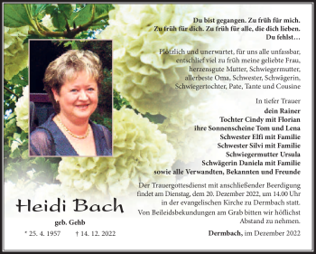 Traueranzeige von Heidi Bach von Südthüringer Presse