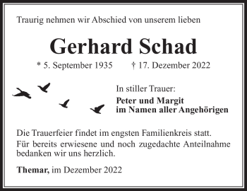Traueranzeige von Gerhard Schad von Südthüringer Presse