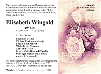 Traueranzeige von Elisabeth Wingold von Südthüringer Presse