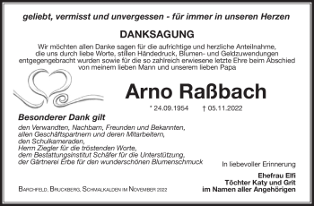 Traueranzeige von Arno Raßbach von Südthüringer Presse