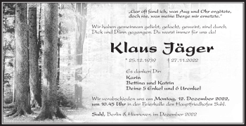Traueranzeige von Klaus Jäger von Südthüringer Presse