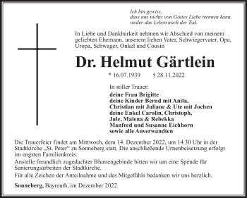 Traueranzeige von Helmut Gärtlein von Südthüringer Presse