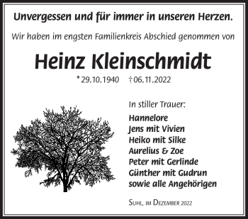 Traueranzeige von Heinz Kleinschmidt von Südthüringer Presse