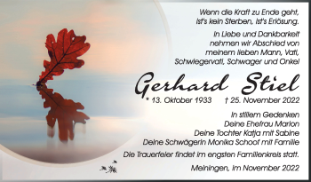 Traueranzeige von Gerhard Stiel von Südthüringer Presse