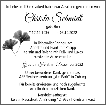 Traueranzeige von Christa Schmidt von Neue Presse Coburg