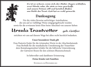 Traueranzeige von Ursula Trautvetter von Südthüringer Presse