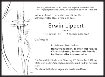 Traueranzeige von Erwin Lippert von Frankenpost