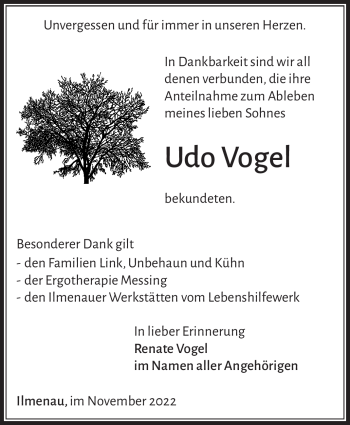 Traueranzeige von Udo Vogel von Südthüringer Presse