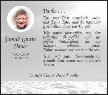 Traueranzeige von Jannik Laurin Dauer von Südthüringer Presse