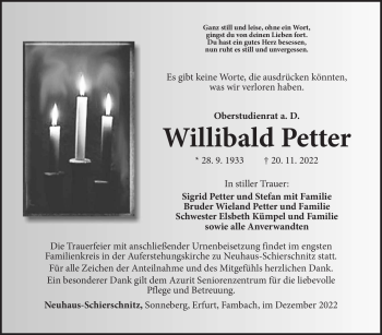 Traueranzeige von Willibald Petter von Südthüringer Presse
