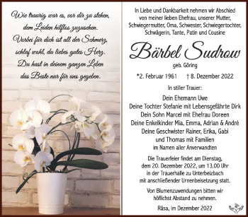 Traueranzeige von Bärbel Sudrow von Südthüringer Presse