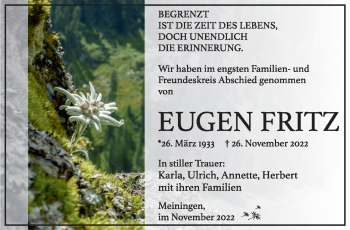 Traueranzeige von Eugen Fritz von Südthüringer Presse