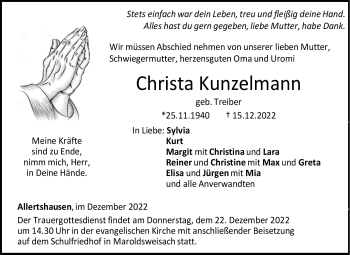 Traueranzeige von Christa Kunzelmann von Neue Presse Coburg