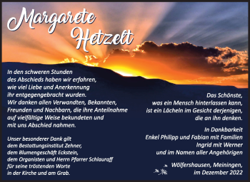 Traueranzeige von Margarete Hetzelt von Südthüringer Presse