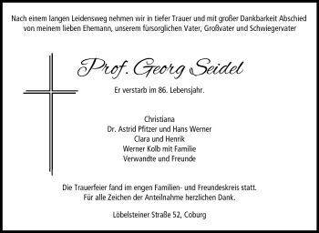 Traueranzeige von Georg Seidel von Neue Presse Coburg