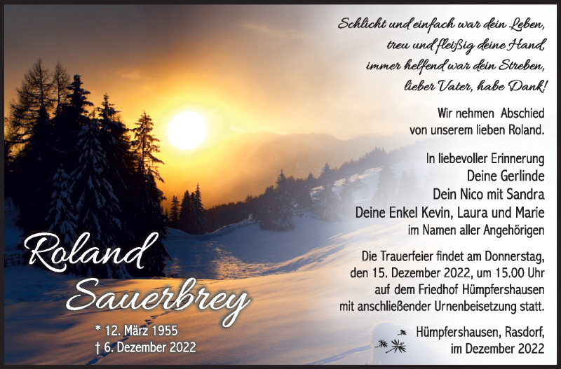  Traueranzeige für Roland Sauerbrey vom 10.12.2022 aus Südthüringer Presse