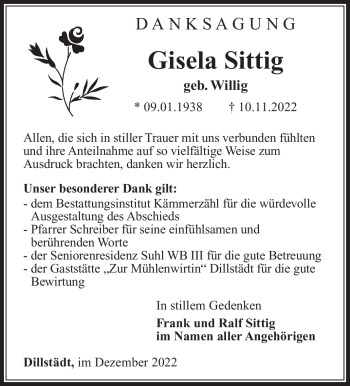 Traueranzeige von Gisela Sittig von Südthüringer Presse