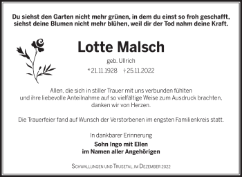 Traueranzeige von Lotte Malsch von Südthüringer Presse