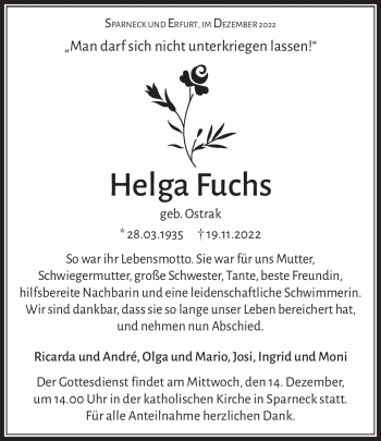 Traueranzeige von Helga Fuchs von Frankenpost