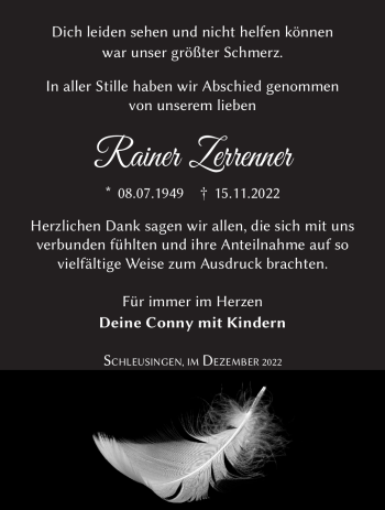 Traueranzeige von Rainer Zerrenner von Südthüringer Presse