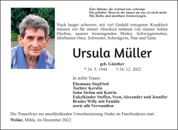 Traueranzeige von Ursula Müller von Südthüringer Presse