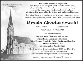 Traueranzeige von Ursula Graduszewski von Südthüringer Presse