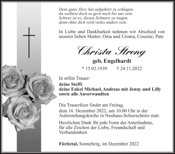 Traueranzeige von Christa Streng von Südthüringer Presse