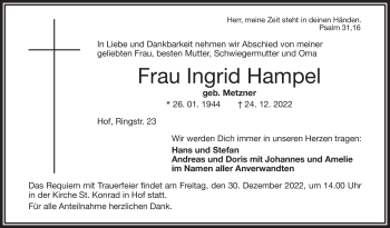 Traueranzeige von Ingrid Hamoel von Frankenpost