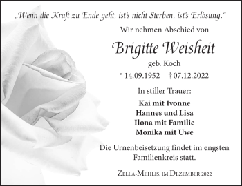 Traueranzeige von Brigitte Weisheit von Südthüringer Presse