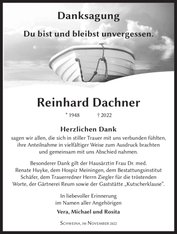 Traueranzeige von Reinhard Dachner von Südthüringer Presse