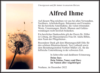 Traueranzeige von Alfred Ihme von Südthüringer Presse