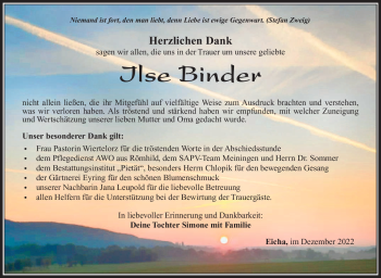 Traueranzeige von Ilse Binder von Südthüringer Presse
