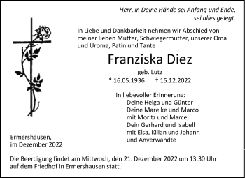 Traueranzeige von Franziska Diez von Neue Presse Coburg
