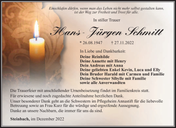 Traueranzeige von Hans-Jürgen Schmitt von Südthüringer Presse