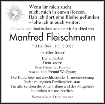 Traueranzeige von Manfred Fleischmann von Südthüringer Presse